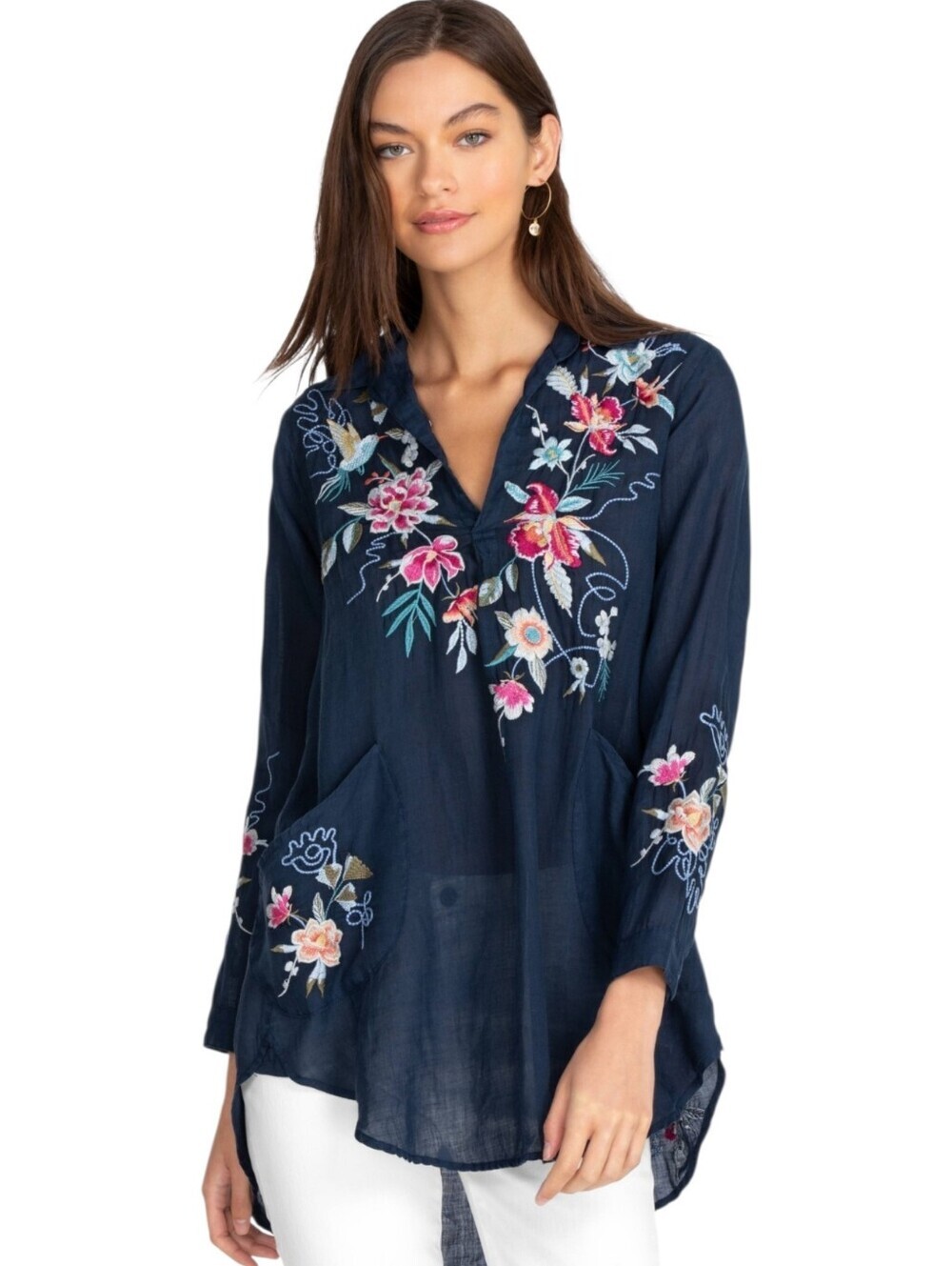 Johnny Was Miro Henley Popover Navy Embroidered Floral Tunic